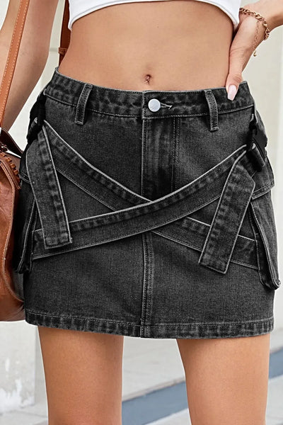Criss-Cross Waist Detail Denim Mini Skirt -