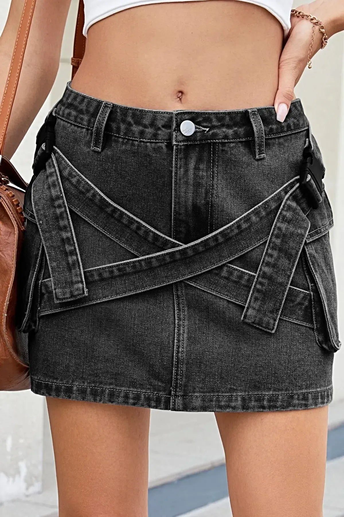 Criss-Cross Waist Detail Denim Mini Skirt -