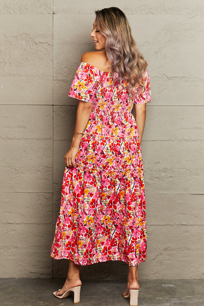 Perfee Floral Off-Shoulder Frill Trim Maxi Dress