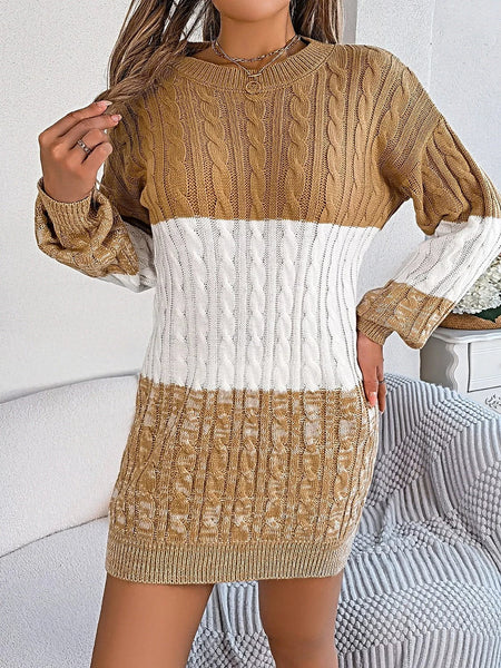 Cable-Knit Round Neck Color Block Sweater Dress -