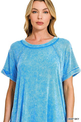 Zenana Washed Ribbed Cuffed Short Sleeve Round Neck Top -