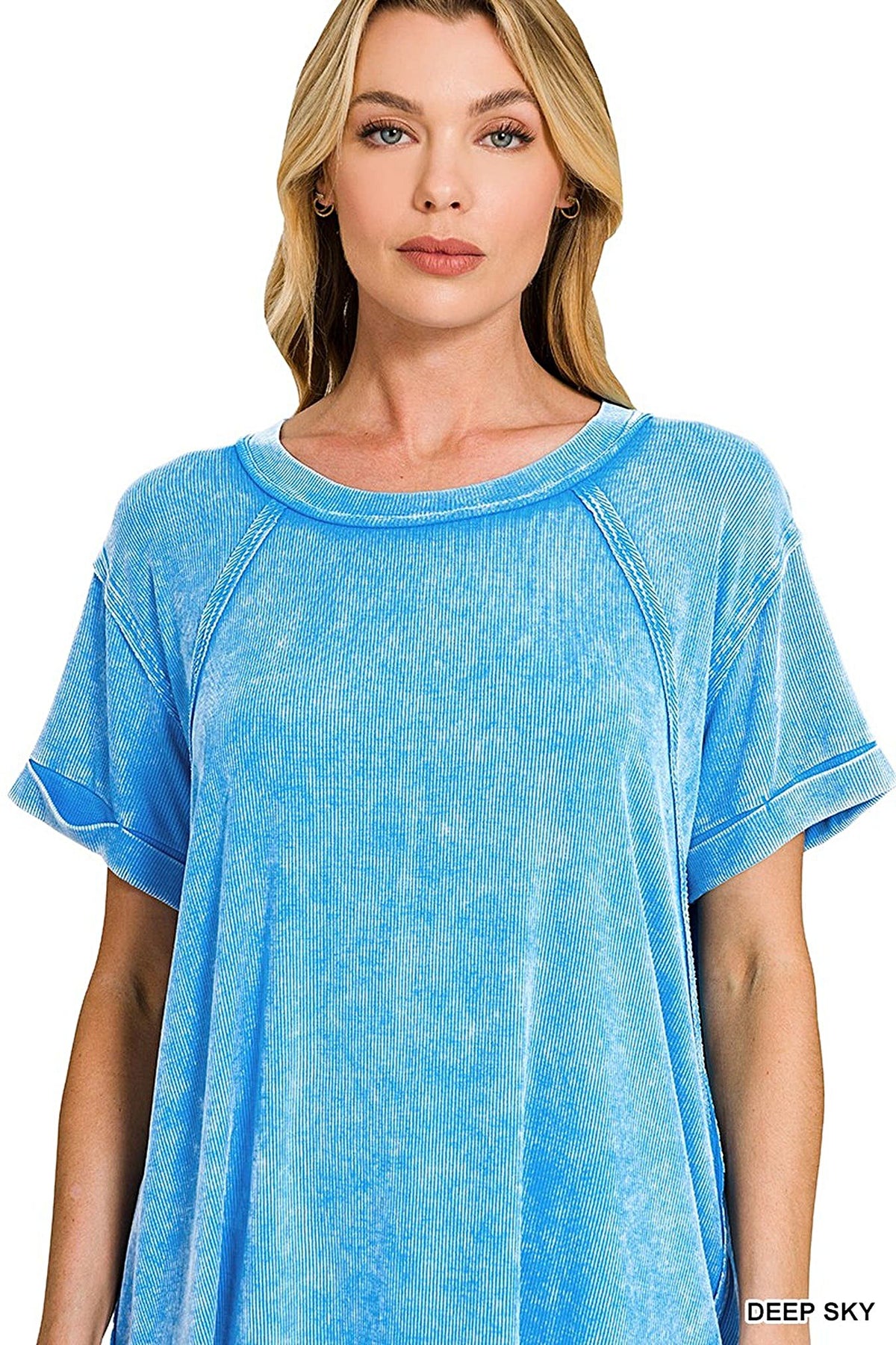 Zenana Washed Ribbed Cuffed Short Sleeve Round Neck Top -