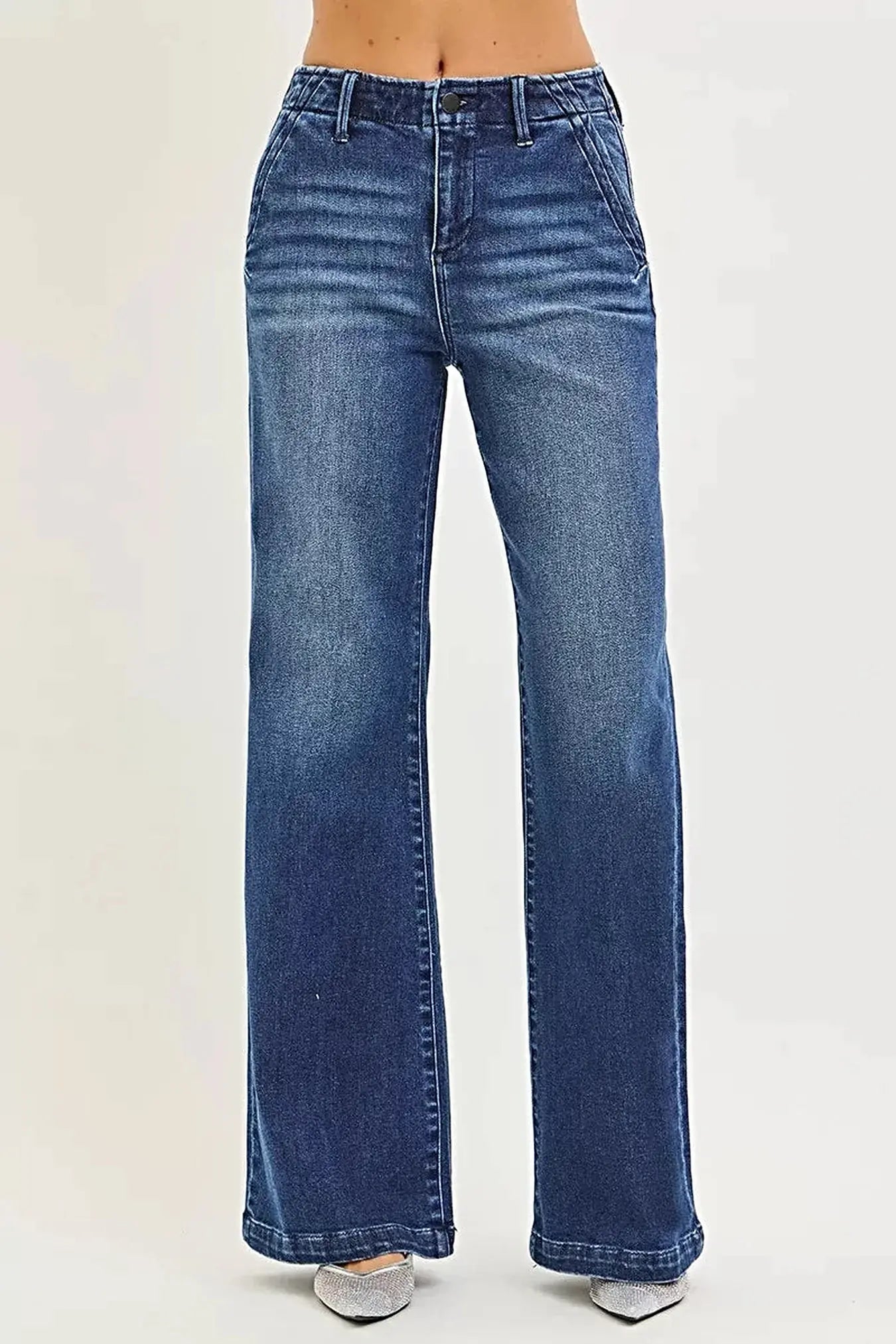 RISEN High Rise Wide Leg Slanted Pocket Jeans -
