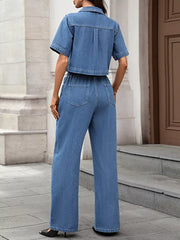 Short Sleeve Top and Drawstring Pants Denim Set -