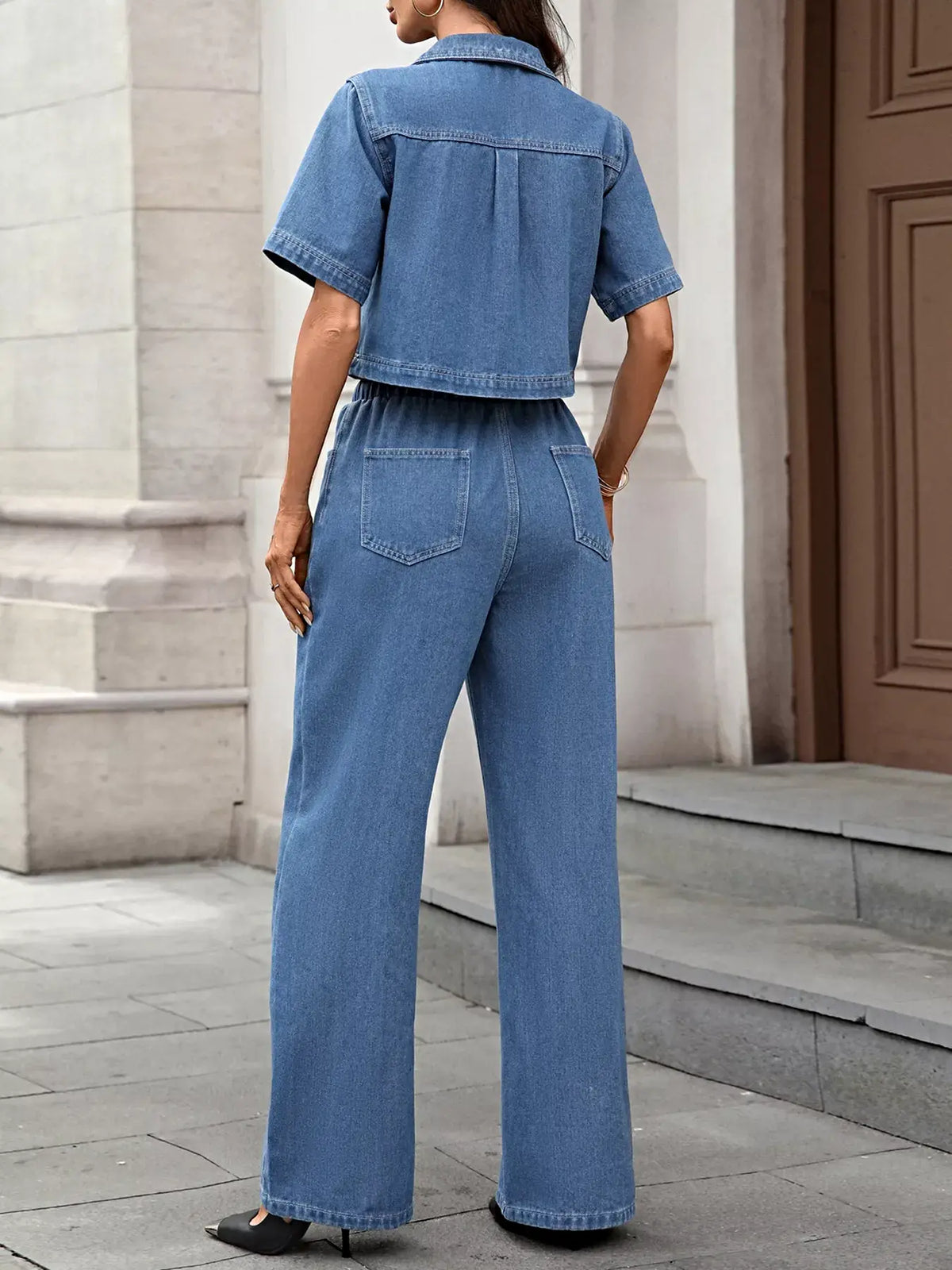 Short Sleeve Top and Drawstring Pants Denim Set -