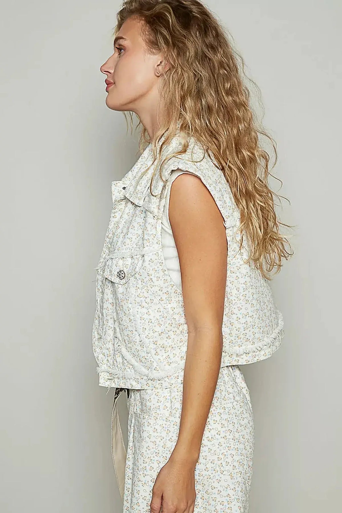 Floral Denim Vest With Asymmetrical Front Closure & Distressed Raw Hem Design -