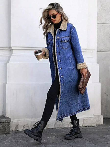 Sherpa Lined Longline Denim Jacket -