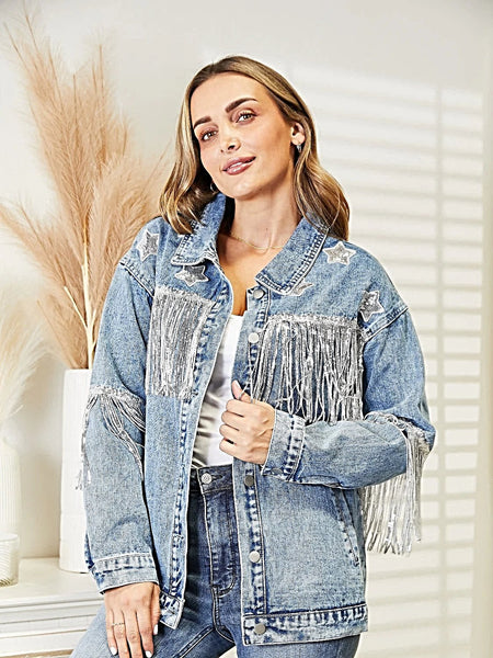 Fringe Detail Long Sleeve Denim Jacket -