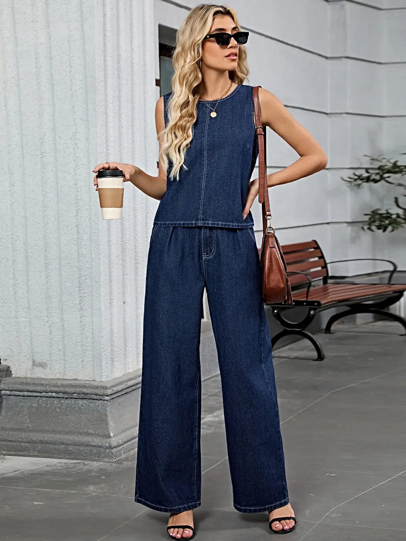 Round Neck Tank and Pants Denim Set -