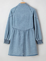 Button-Up Denim Shirt Dress with Smocked Cuffs -
