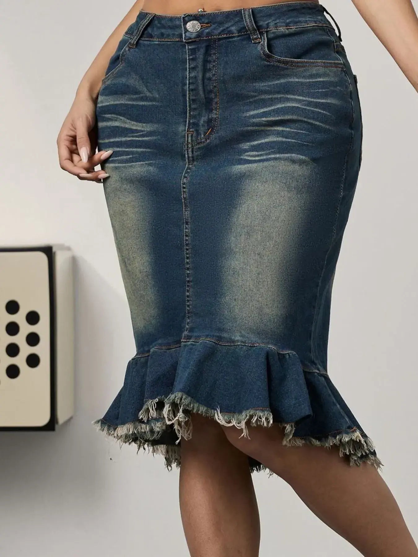 Raw Hem Mermaid Denim Skirt -