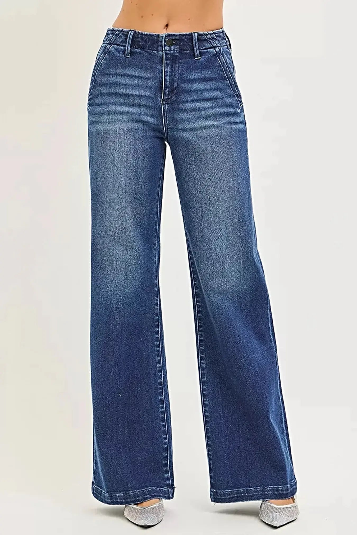 RISEN High Rise Wide Leg Slanted Pocket Jeans -