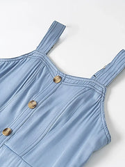 Denim Dress With Sweetheart Neckline, Buttoned & Pocketed - 100% Polyester, No Stretch -