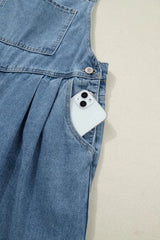 Pleated Wide Leg Retro Pocketed Denim Jumpsuit -