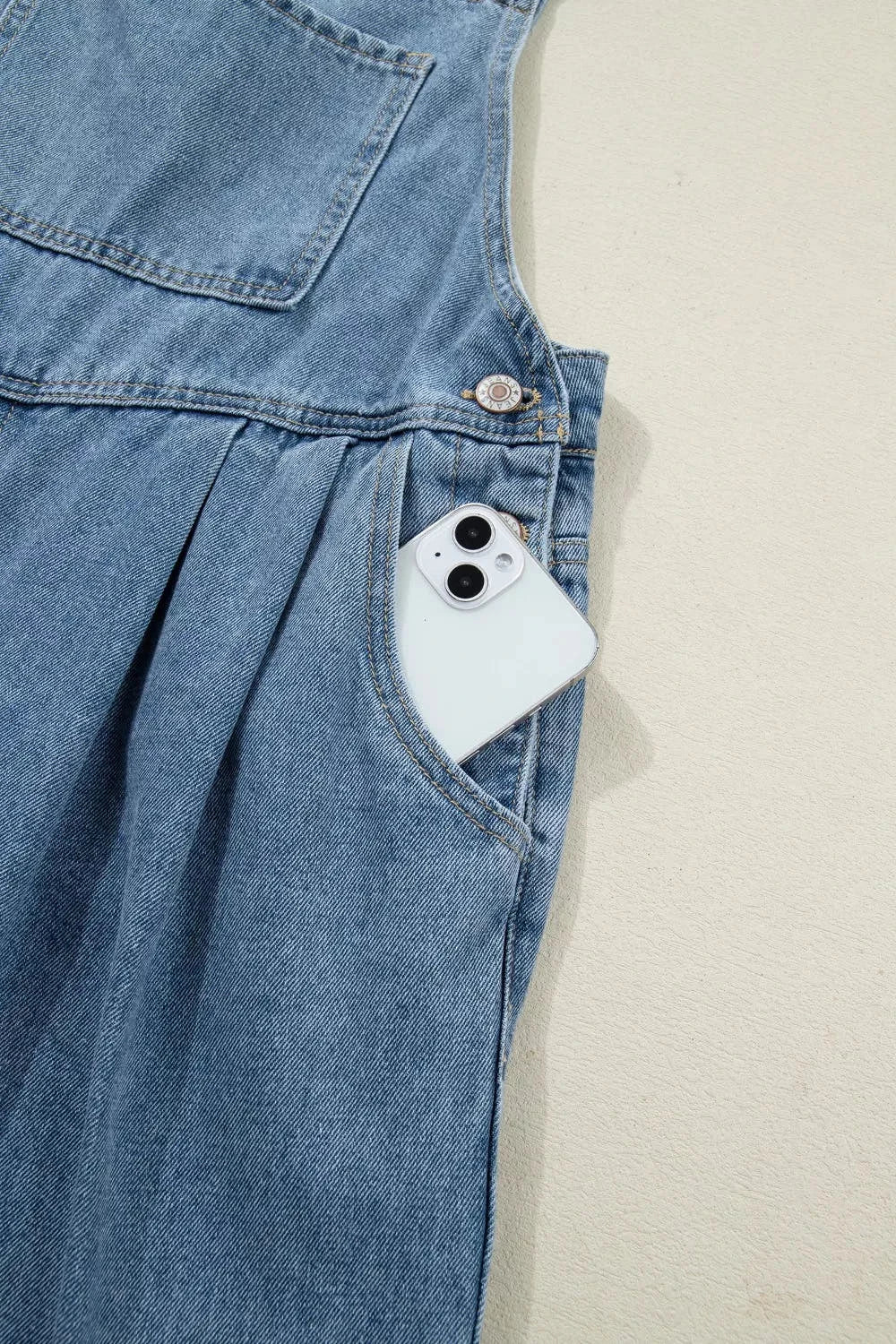 Pleated Wide Leg Retro Pocketed Denim Jumpsuit -