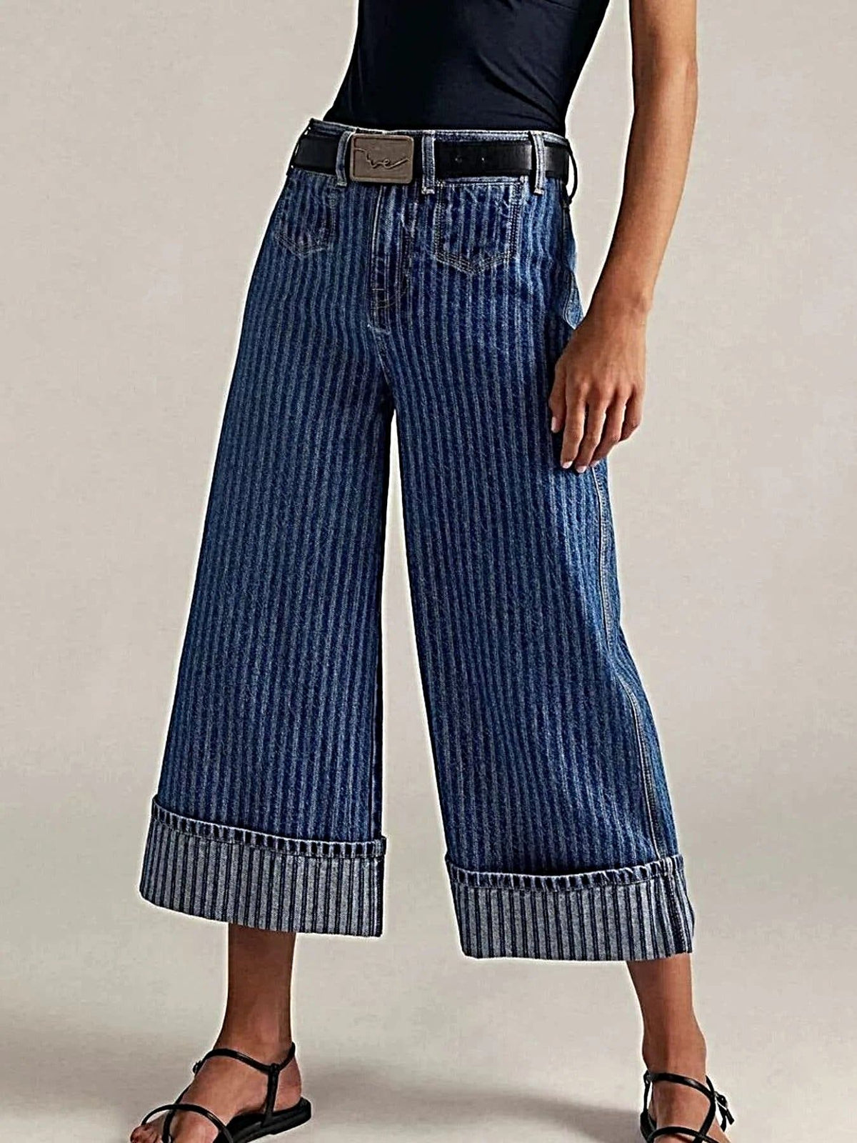 Luxury Wide Leg Cropped Jeans with Pocketed Design, 85% Cotton Blend, Machine Washable -