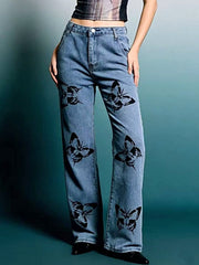 Butterfly Print High-Waisted Wide Leg Jeans -