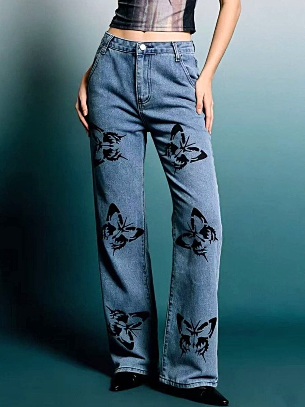 Butterfly Print High-Waisted Wide Leg Jeans -