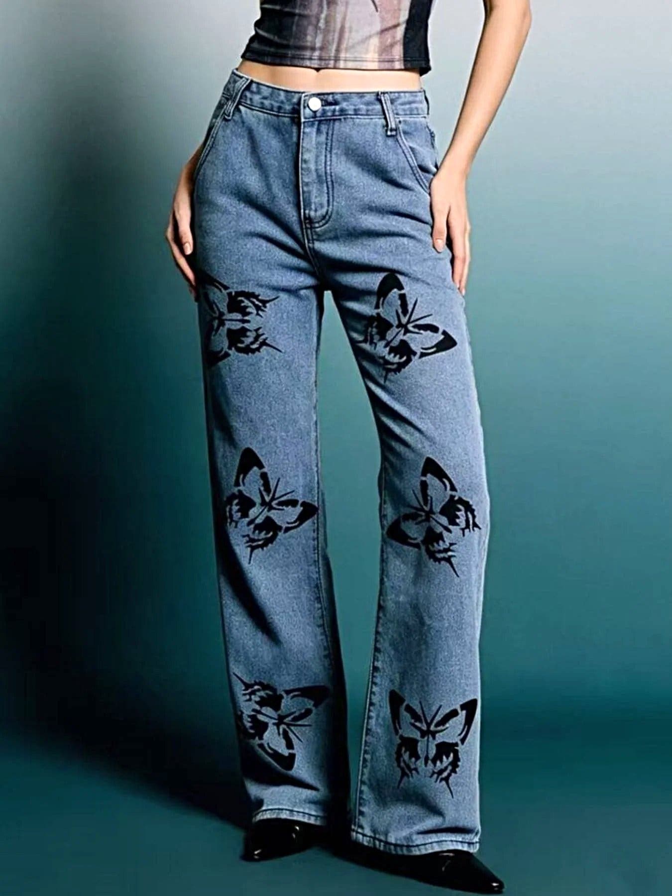 Butterfly Print High-Waisted Wide Leg Jeans -