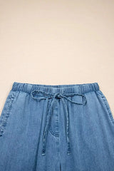 Ruffled Hem Wide Leg Chambray Pants -