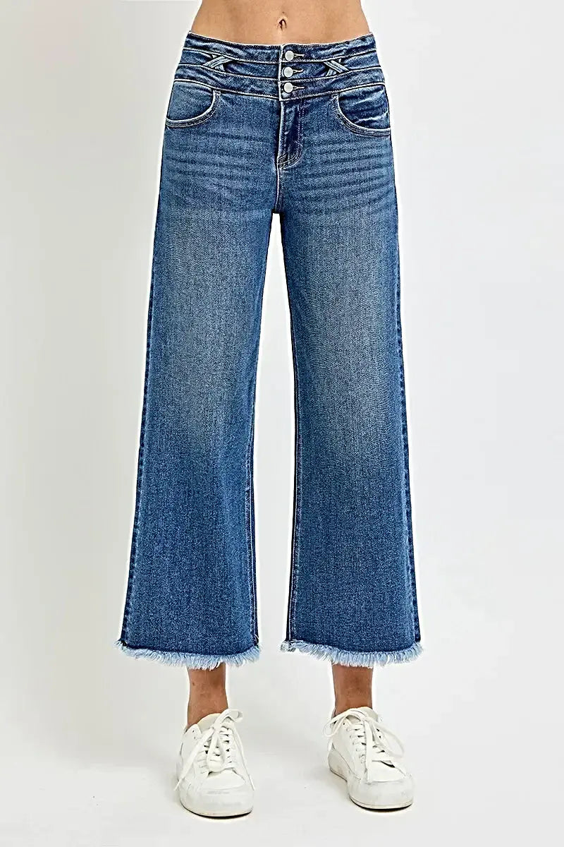RISEN High Rise Crop Wide Leg Jeans with Wide Band Detail -