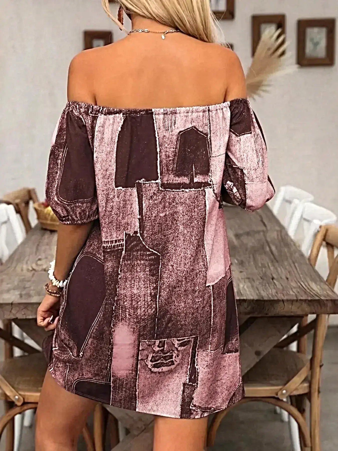 Elegant Off Shoulder Denim Dress - Patchwork Design, Classic Mini Style, 100% Polyester -