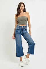 RISEN High Rise Crop Wide Leg Jeans with Wide Band Detail -
