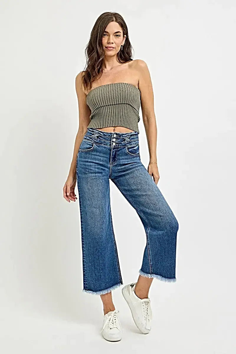 RISEN High Rise Crop Wide Leg Jeans with Wide Band Detail -