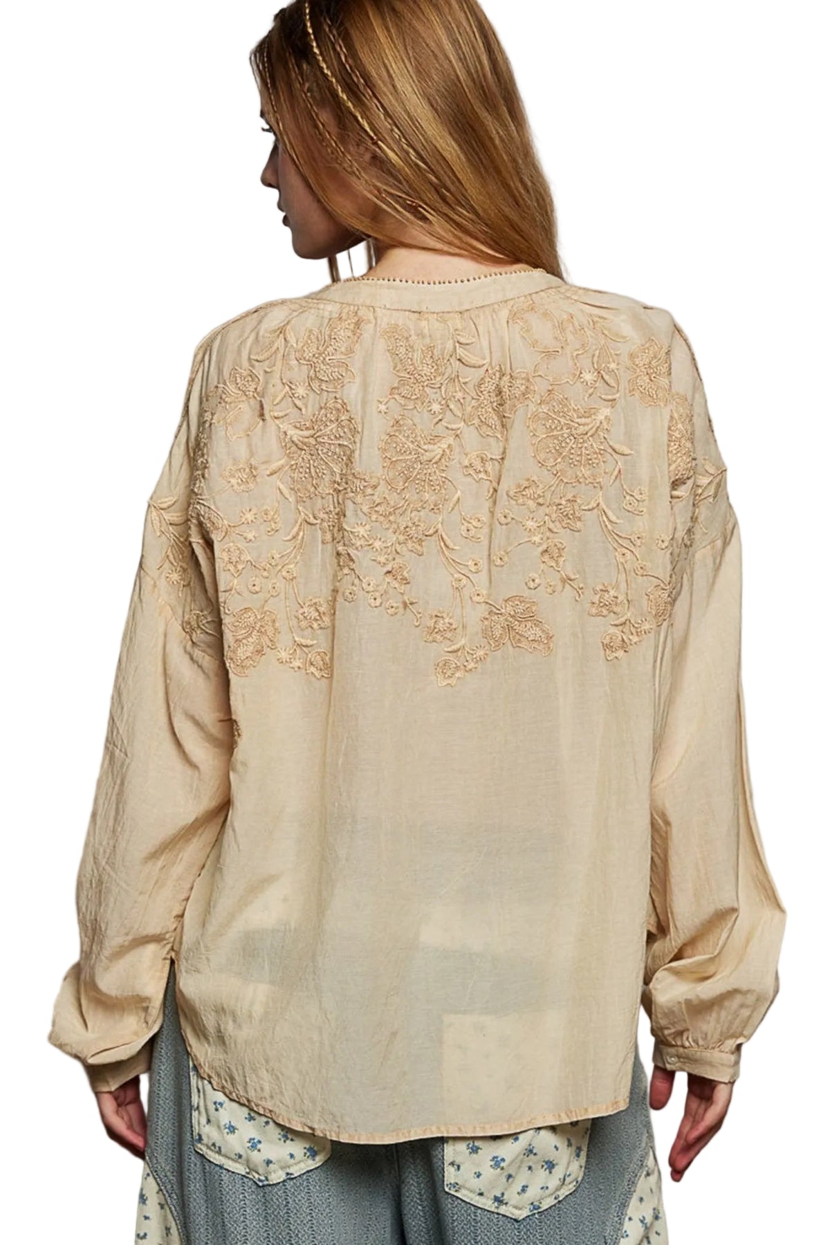 POL Embroidery Button Down Long Sleeve Washed Shirt -