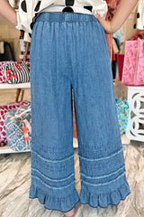 Ruffled Hem Wide Leg Chambray Pants -
