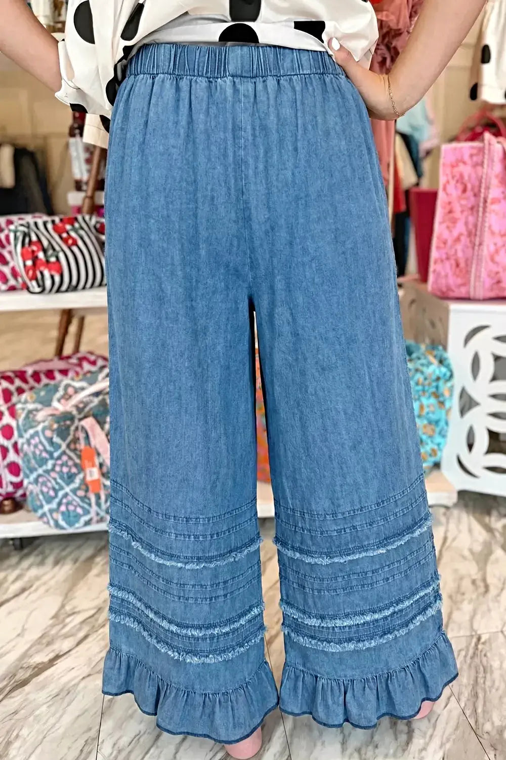 Ruffled Hem Wide Leg Chambray Pants -