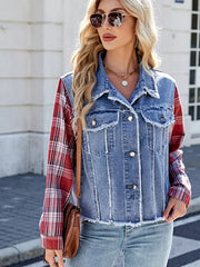 Raw Hem Plaid Sleeve Denim Jacket -