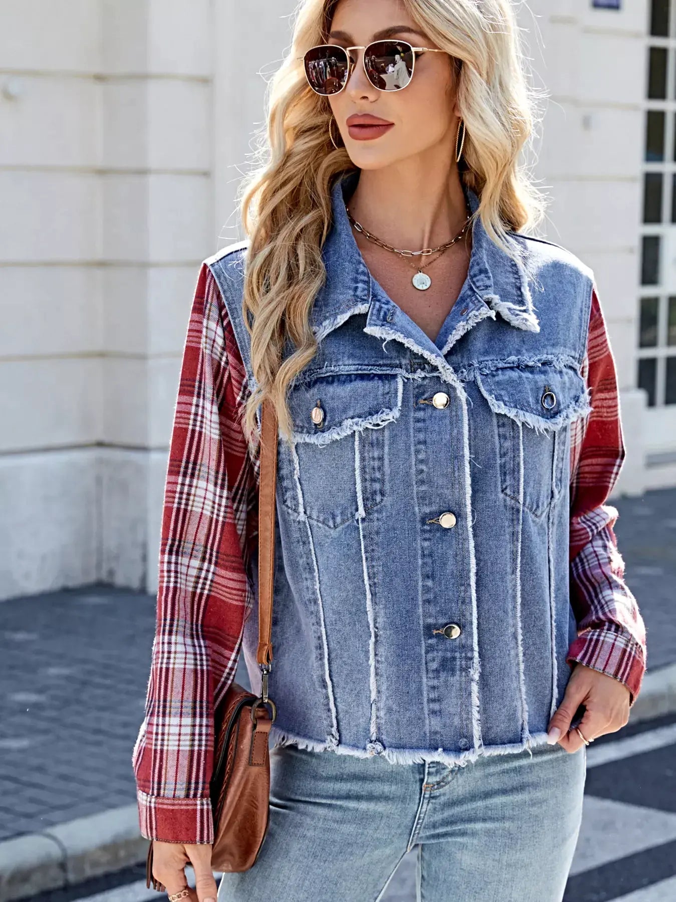 Raw Hem Plaid Sleeve Denim Jacket -