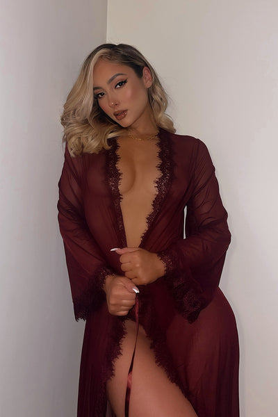 Provence Sexy, Sheer Eyelash Lace Floor Length Robe in color Zinfandel-Long Robe-SatinBoutique-Zinfandel-1X/2X-SatinBoutique