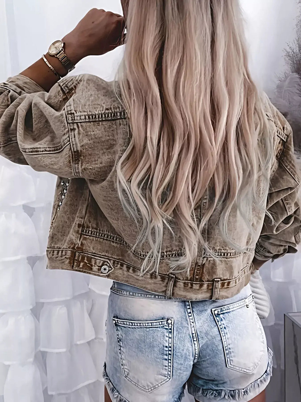 Studded Button Up Wash Denim Jacket -