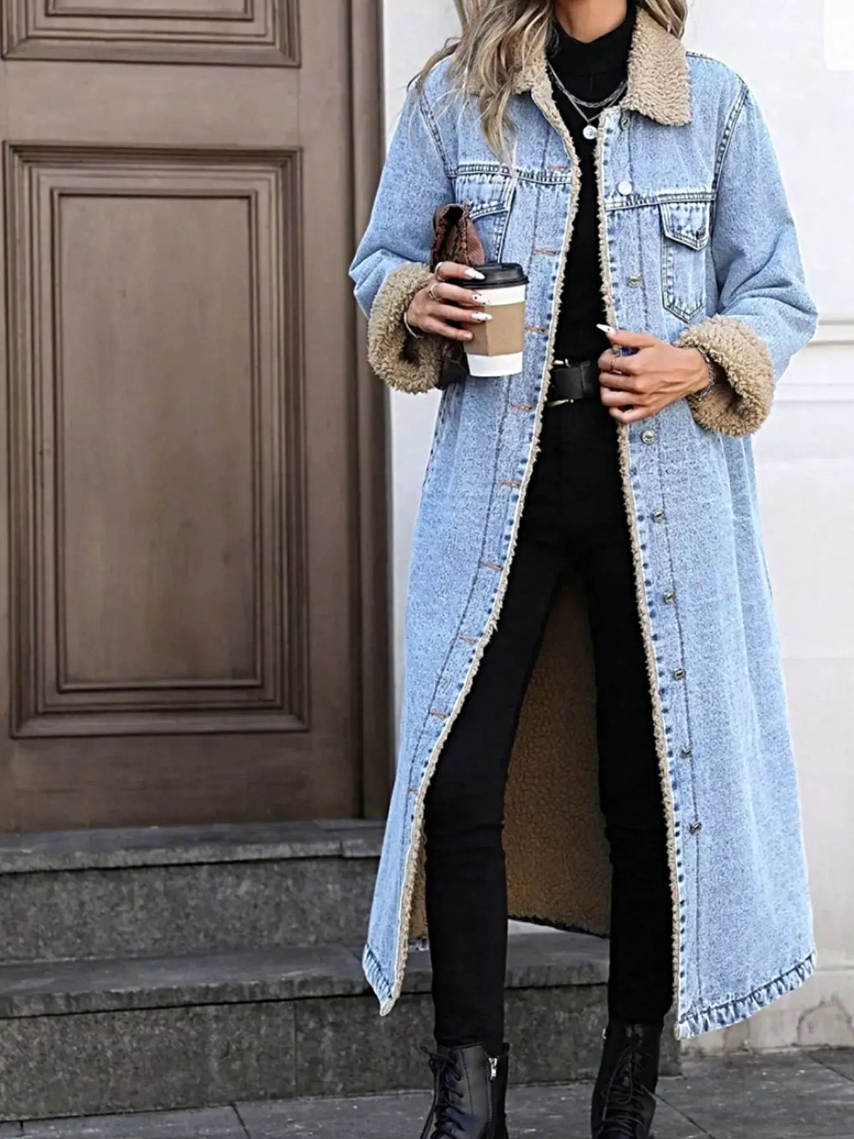 Sherpa Lined Longline Denim Jacket -