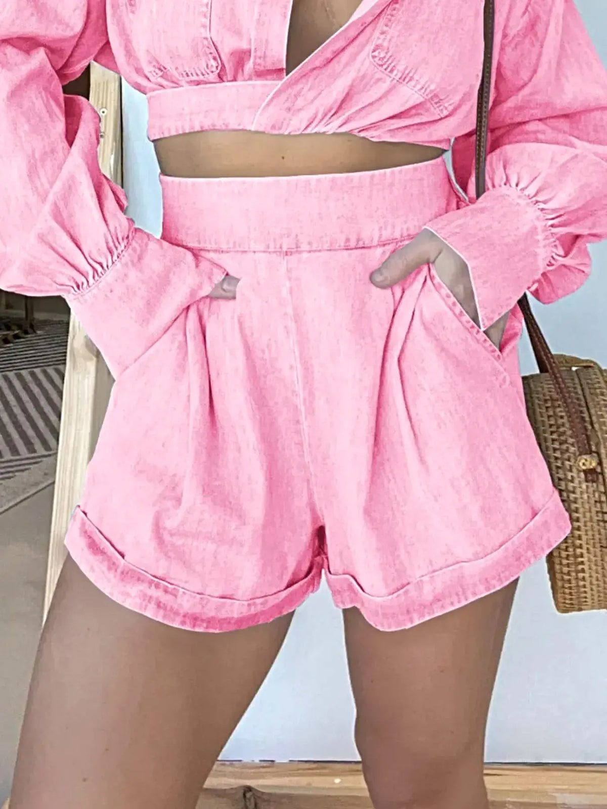 Full Size Long Sleeve Top and Shorts Denim Set Plus Size -