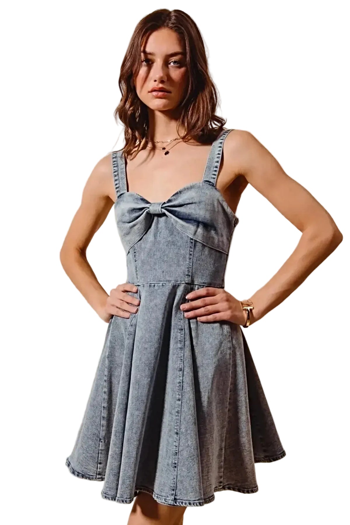 SO ME Mineral Washed Bow Ribbon Denim Flare Dress -