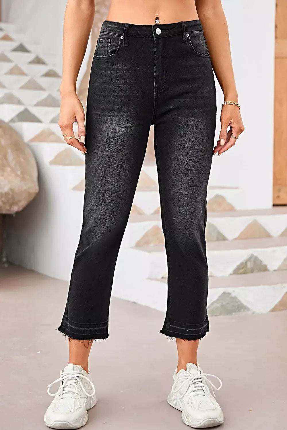 High-Waisted Distressed Hem Straight Leg Jeans -