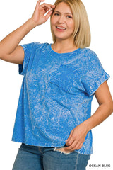 Zenana Full Size Crinkle Washed Round Neck Folded Short Sleeve Tee Plus Size -