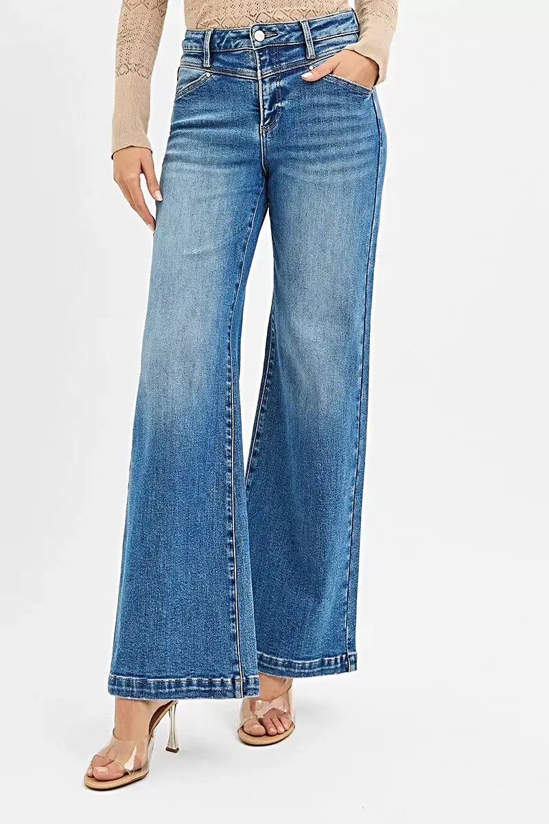 RISEN High Rise Wide Leg Jenas with Front Yoke and Heart Back Pocket -