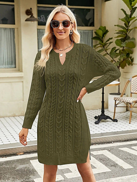 Notched Neck Cable-Knit Slit Sweater Dress -
