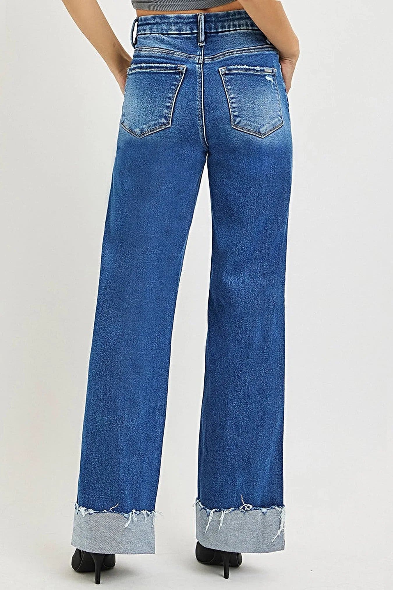 RISEN High Rise Wide Leg Jeans With Cuffed Hem -