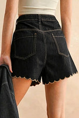 Scalloped Hem Denim Shorts -
