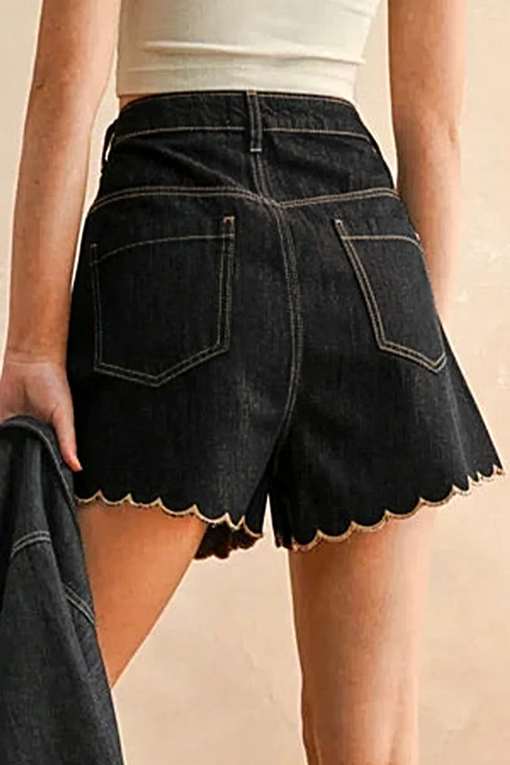 Scalloped Hem Denim Shorts -