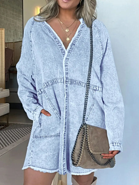 Full Size Button-Front Long Sleeve Denim Shirt Dress Plus Size -