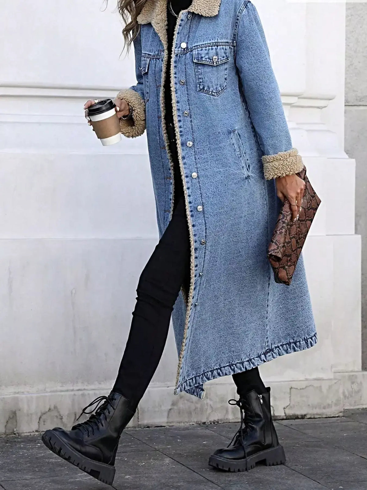 Sherpa Lined Longline Denim Jacket -