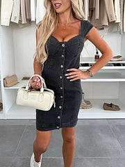 Sweetheart Neck Cap Sleeve Denim Dress -