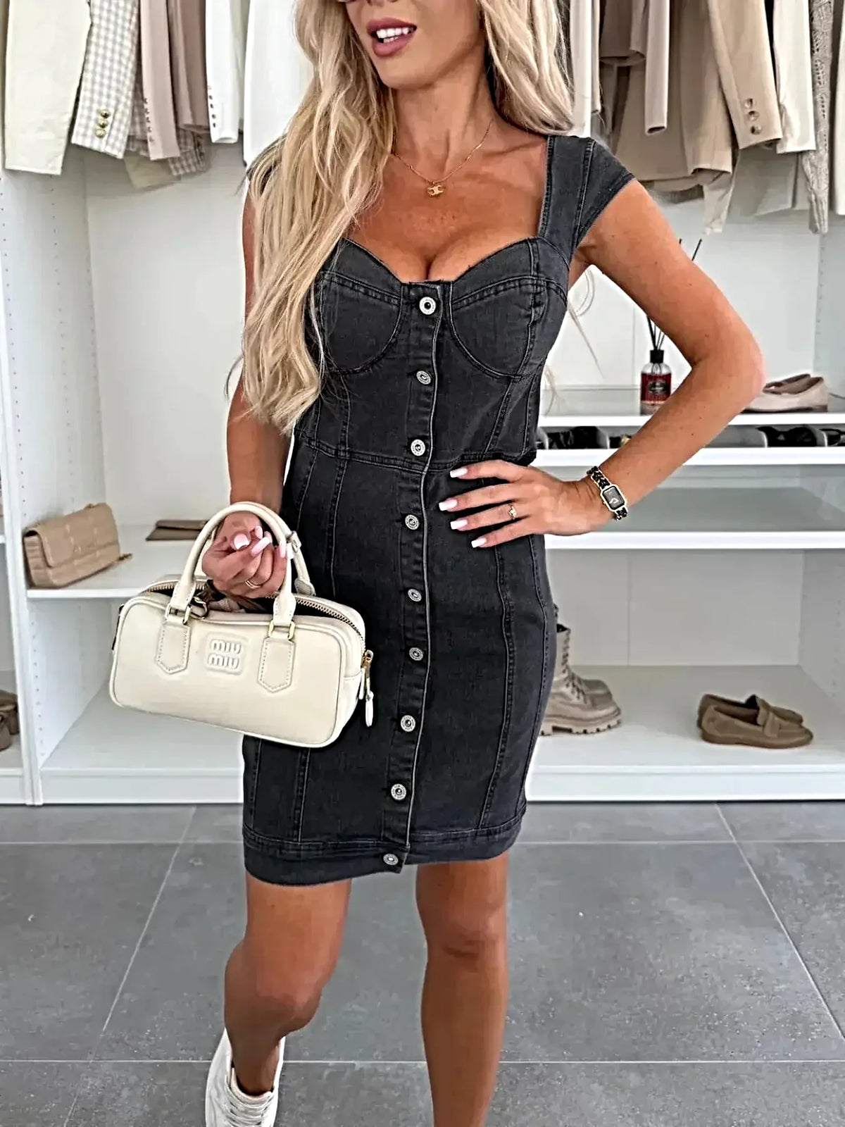 Sweetheart Neck Cap Sleeve Denim Dress -