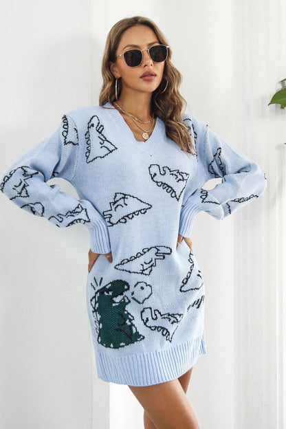 Dinosaur Pattern V-Neck Sweater Dress